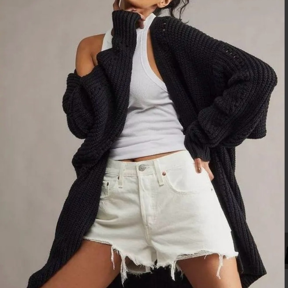 Free People Nightingale Cardi Black Chunky Knit Oversized Cardigan Sweater